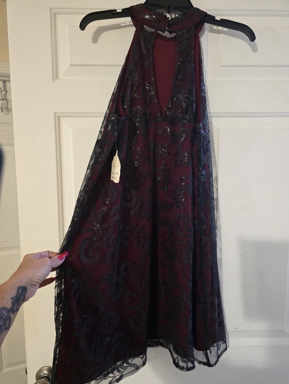 Altar'd State Embellished Halter Party Dress in Deep Burgundy and Black Lace - Picture 5 of 9